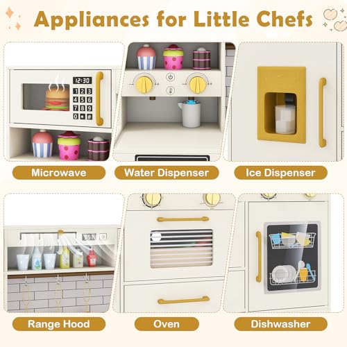 HONEY JOY Play Kitchen for Toddlers, Wooden Kids Kitchen Playset, Ice Maker & Coffee Maker, Microwave, Oven, Stove, Little Chef Pretend Toy Kitchen Set for Boys Girls Gift (Beige Golden) - Image 4