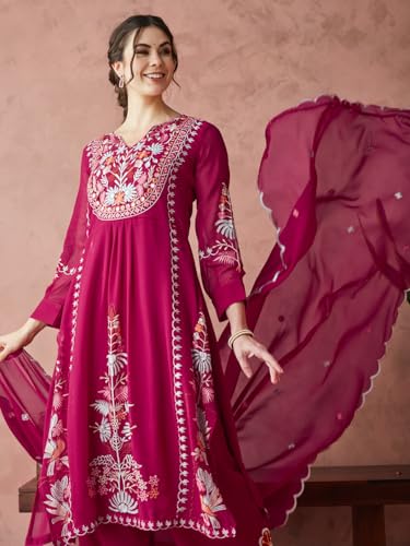 arriva fab Women's Elegant Nayra Cut Embroidered Georgette Kurta Set with Palazzo and Dupatta - Image 7