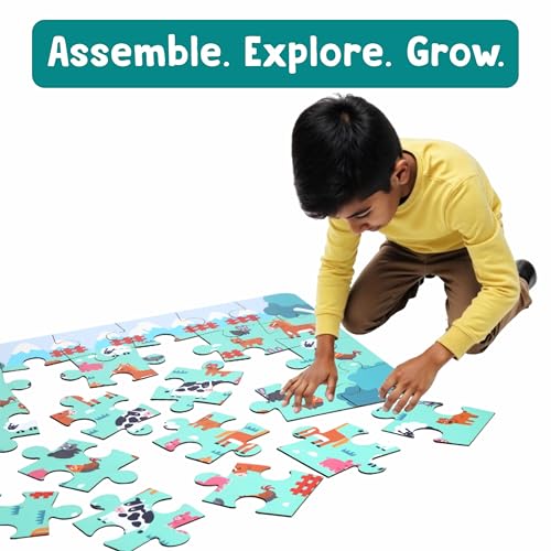 Image of Farm Animal Floor Puzzle | Wooden Jigsaw Puzzle for Kids | Fun Facts Animal Puzzles, Educational Toys, Gifts for Boys & Girls Ages 4+ Years (28 Pieces)| Puzzle and Scrabble Game for Kids