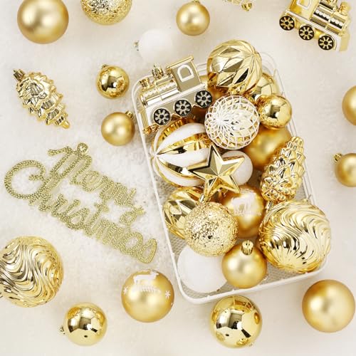 Christmas Balls 65pcs, Christmas Tree Decoration Set, Christmas Ornaments Set for Xmas Tree Holiday Party Garland Decor - Gold