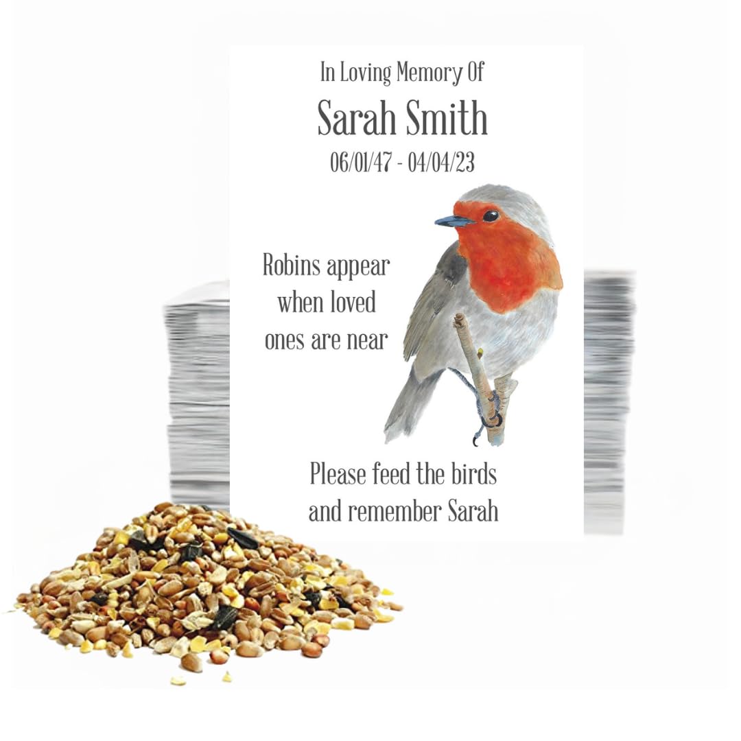 50 Personalised Memorial Bird Seed Packets for Funeral Guests • Feed the Birds Remembrance Favours • Celebration of Life Keepsake • Robins Appear Design
