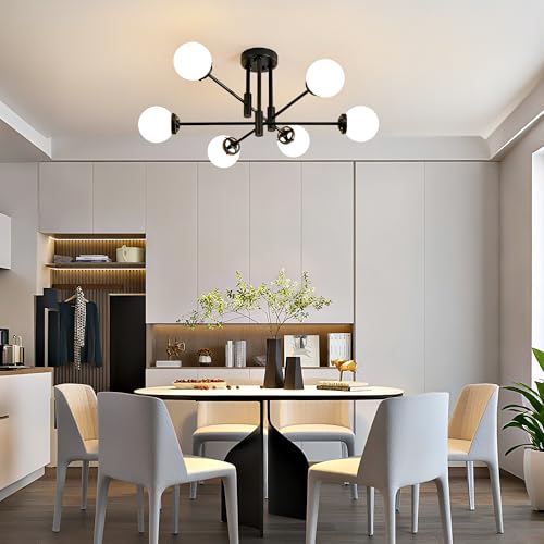 Image of Black Sputnik Ceiling Light Fixture 6 Light with Milk White Glass Shade