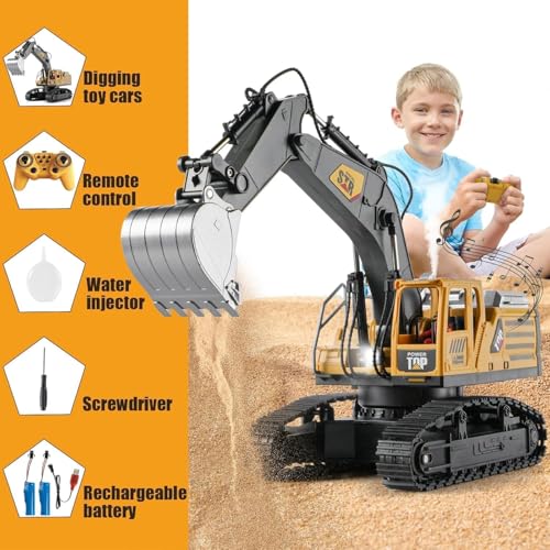 Image of JETRA Remote Control Excavator Toys for Boys,14 Channel 1:14 Rc Digger Construction Toys Tractor,Simulated Smoke, Sound, Lighting, Metal Digging Head, for Boys 3 4 5 6 7 8 9 10