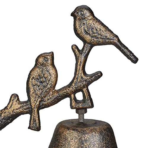 Relaxdays Türglocke Gusseisen Vögel, Gartenglocke mit Kordel, HxBxT: 20 x 10 x 13 cm, Wandglocke, Vintage-Optik, Bronze