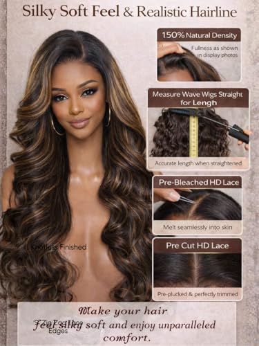 Image of Beauty Forever 7x5 Bye Bye Knots 2.0 Balayage Brown Highlight Body Wave Glueless Wig Human Hair Wear and Go Lace Front Wig Pre Cut HD Lace Pre Plucked Drawstring Wig 150% Density 24 Inch