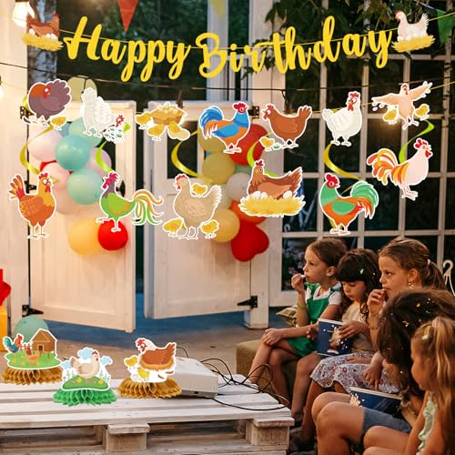 Image of Chicken Birthday Party Decorations, 11PCS Chicken Farm Birthday Party Supplies, Chick Theme Banners Hanging Swirls Honeycomb Centerpieces Decor