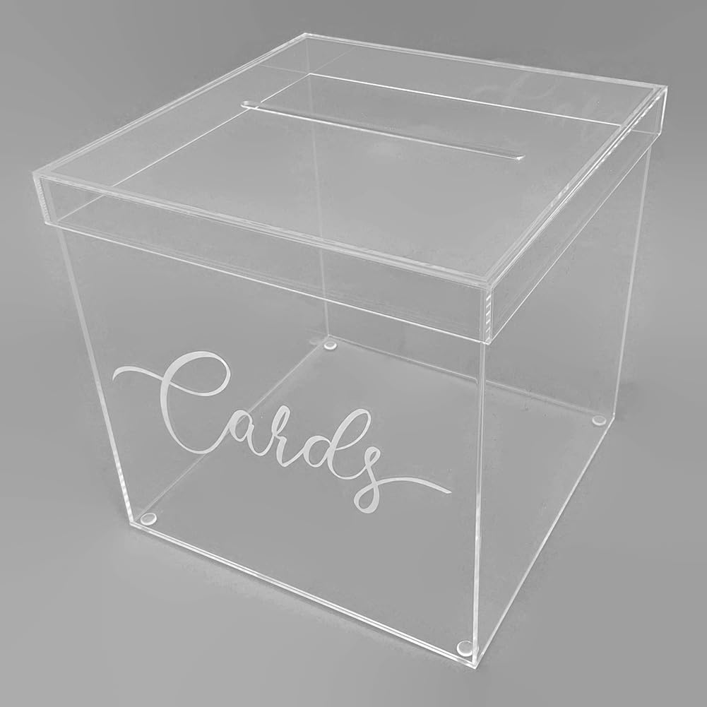 OnDisplay 10" Luxe Acrylic Clear Wedding Card Box w/Lid - Lucite Gift/Money Box - Bar Mitzvah/Birthday/Sweet 16/Anniversary (Clear w/Cards Print)