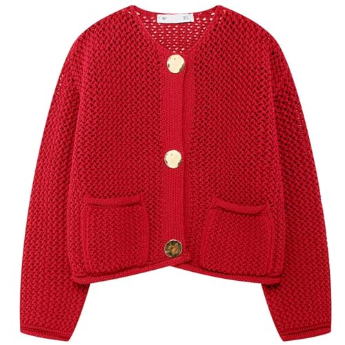 Image of Wyeysyt Womens Cropped Cardigan Sweaters Chunky Knit Gold Button Down Open Front Cardigan Long Sleeve Crop Crochet Sweaters