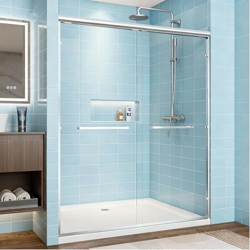 Semi-Frameless Shower Doors 56-60" W X 72" H,1/4"(6mm) Tempered Glass with Nano Coating,Easy to Clean, Chrome Aluminum Double Sliding Shower Glass Door for Walk in Shower