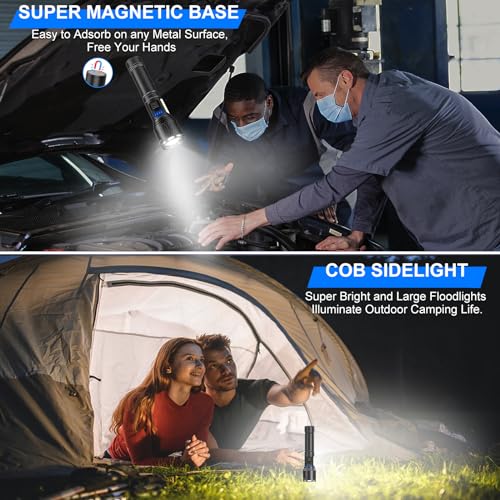 Image of Banral Rechargeable Magnetic Flashlights High Lumens, Super Bright LED Powerful Flashlight 8 Modes with COB Work Light, Waterproof Handheld Flash Light for Camping (2 Pack with Paper Box, Black)