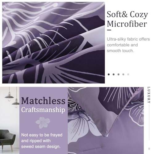 Menghomeus Queen Comforter Set Dark Purple Floral Bedding Comforter Sets - Soft Microfiber Bed Comforter Set for All Season, 3 Piece Botanical Flowers Comforter, Pillowcases - Image 6