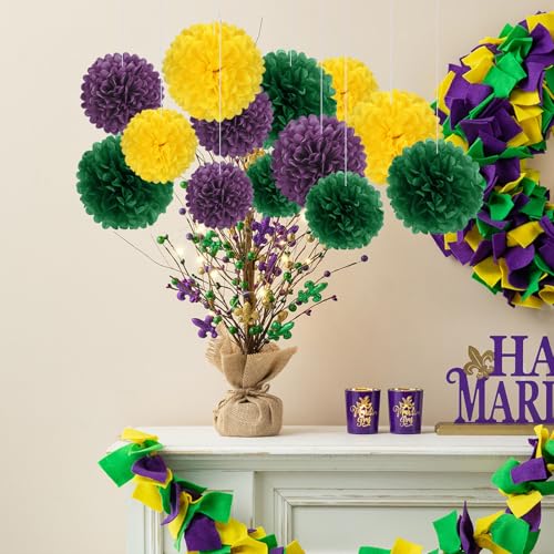 Image of 18 PCS Tissue Paper Pom Poms, Tissue Pom Poms Flowers, Sizes of 6 inch, 10 inch, 12 inch, 14 inch Hanging Paper Flower Ball for Wedding, Birthday, Mardi Gras, Baby Shower Party Supplies Decor (Yellow Green Purple)