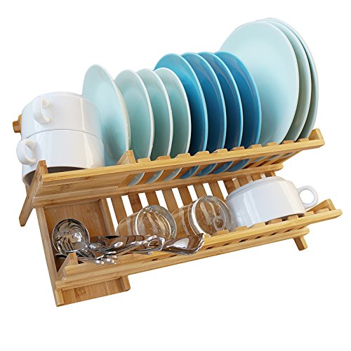 WELLAND Bamboo Dish Rack Drying Bamboo Dish Drainer Folding Countertop 2 Tier Wooden Utensil Dryer