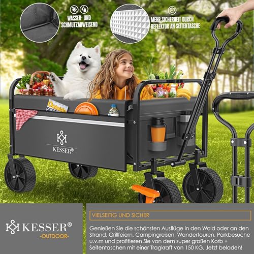 KESSER® Bollerwagen faltbar Handwagen Transportkarre max. 150kg Tragkraft & 360° PVC-Reifen Gerätewagen inkl. 2 Netztaschen, Seitentasche & Abdeckung Transportwagen Gartenanhänger ohne Dach, Anthrazit