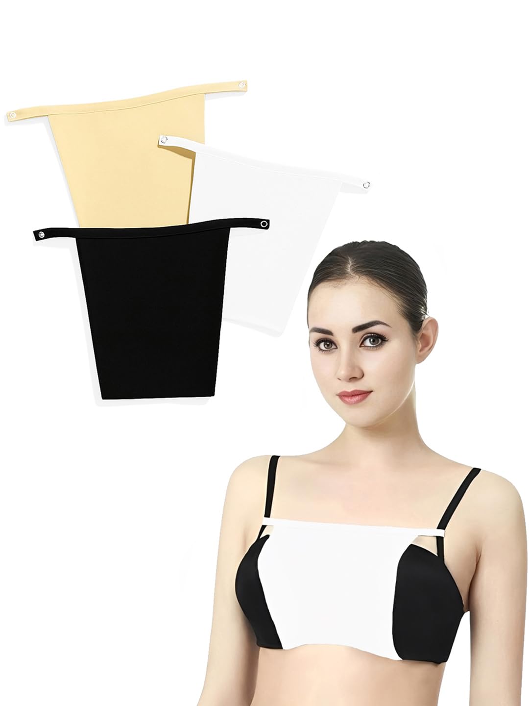 Cotton Plain Clip-On Camisole for Women, Snap Button Closure, Cleavage Cover Up Clips for Deep V-Neck Low Cut Tops, Combo Pack, Black White Beige, Free-Size
