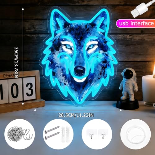 Image of Wolf Neon Sign, UV Printed Dimmable LED Wolf Light, Wolf Neon Wall Decor for Bedroom, Animal Wall Decor, Cool Gifts for Boys and Men, Living Room Man Cave Home Decoration, USB Powered