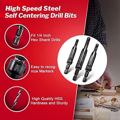 ColumPRO 3 PCS Hinge Drill Bit Set, HSS Self Centering Drill Bits for Wood Door Window Cabinet Woodworking Hinge Hardware Pilot Hole Drill Bit 3/32"(#6),7/64"(#8),1/8" (#10) with Organized Storage