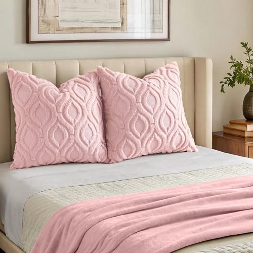 Image of decorUhome Fall Throw Pillow Covers 16x16 Inch Set of 2, Soft Plush Faux Wool Pink Solid Couch Pillow Covers, Accent Farmhouse Neutral Square Pillow Cases for Sofa Bed Living Room
