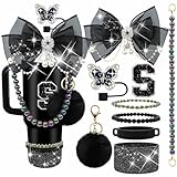 Letter Stickers Bling Accessories Set for Stanley 40/30/20 oz Tumbler: Bow Straw Topper, Charms, Butterfly Cap, Pearl Strap, Silicone Boot, Accessories for Stanley Quencher H2.0 (S, Black Midnight)