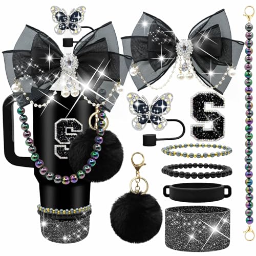 Letter Stickers Bling Accessories Set for Stanley 40/30/20 oz Tumbler: Bow Straw Topper, Charms, Butterfly Cap, Pearl Strap, Silicone Boot, Accessories for Stanley Quencher H2.0 (S, Black Midnight)