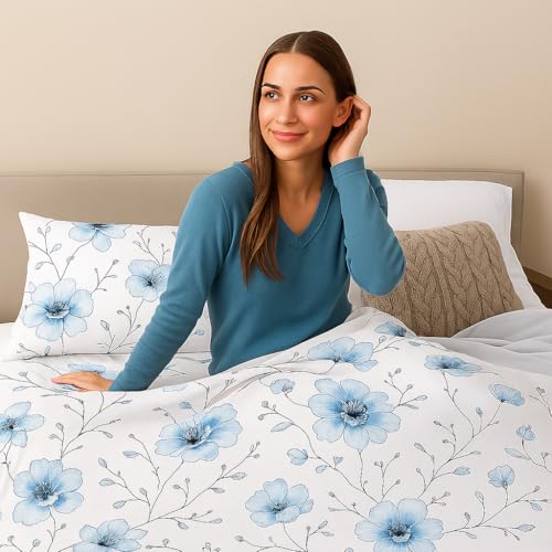 Image of King Size Bedsheet 108x108 Inches - Blue Blossom Design | Soft Microfiber, Breathable & Wrinkle-Free | Includes 2 Matching Pillow Covers