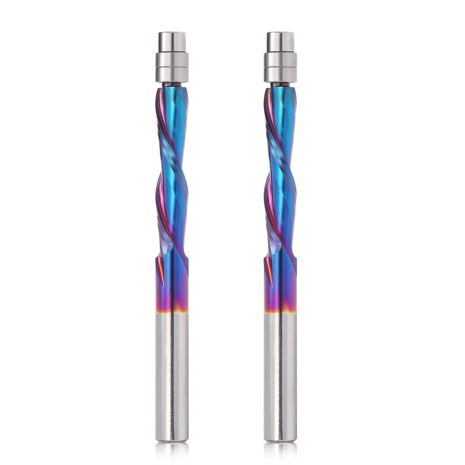 2PCS Down Cut Spiral Flush Trim Router Bit,1/4" Shank 1-1/8" Cutting Length Extra Long 3" OVL,Carbide Spiral Pattern Router Bit with Nano Coated for Woodwoking โ image 1
