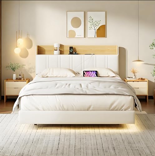 Dormely Lit 160x200 avec Sommier Flottant, Cadre lit avec LED et 2 Prises CA & USBs, Tete lit Rembourrée escamotable et Espace Rangement, pour Adultes et Adolescents,...