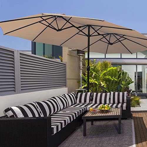 COSTWAY 4.6m Double-Sided Parasol with Base and Crank Handle, Outdoor Extra Large Sun Umbrella, Portable Market Sunshade Shelter Canopy for Garden Patio Beach Yard