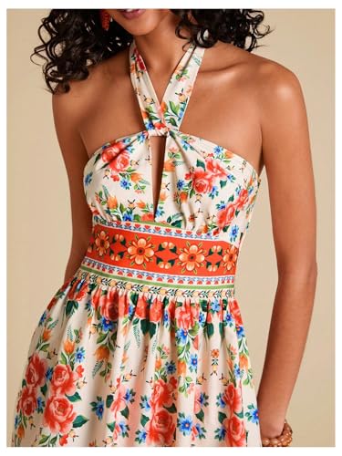Image of Floerns Women's Floral Print Sleeveless Halter Neck Tie Back Summer A Line Dress