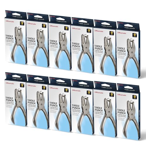 Image of Officemate Single Hole Punch - 5 Sheet Capacity, Nickel Plated Hand Punch, 0.25-Inch Hole Size Paper Puncher, Silver, 12-Pack