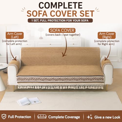 Image of HOKIPO 'Imperial Tassel Series' Premium Chenille Jacquard Sofa Cover Set for 3 Seater for Seat, Back & Arms with Tassels, Caramel Brown (IN-1011 + IN-1012-I2*2)