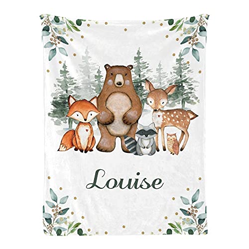 Grandkli Elegant Greenery Woodland Forest Animals Personalized Baby Blankets with Name for Boys Girls,Custom Receiving Baby Blankets Swaddle Nursery Newborn Gifts 30 X40 inch