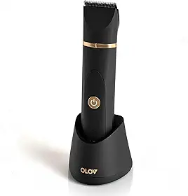 OLOV Aparador elétrico de pelos na virilha - Aparador de bolas para homens - Aparador de pelos do nariz, cabeças de lâmina de cerâmica substituíveis, base de recarga USB e cabeça de aparador de nariz,