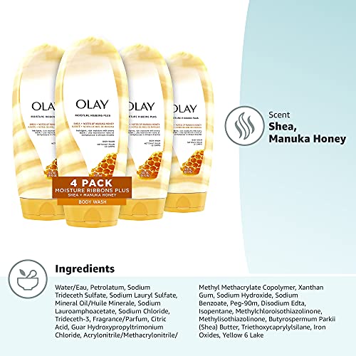 Body Wash by Olay, Moisture Ribbons Plus Shea + Manuka Honey Body Wash, 18 fl oz (Pack of 4)
