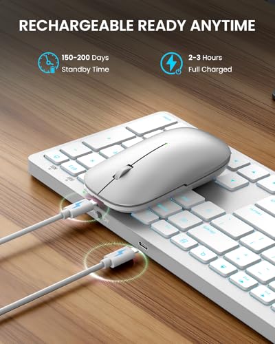Image of SABLUTE Bluetooth Keyboard and Mouse for Mac - 7-Color Backlit, Multi-Device, Rechargeable, KMA1pro Full-Size Wireless Keyboard Mouse Combo with Quiet Scissor-Switch Keys for Mac (Silver White)