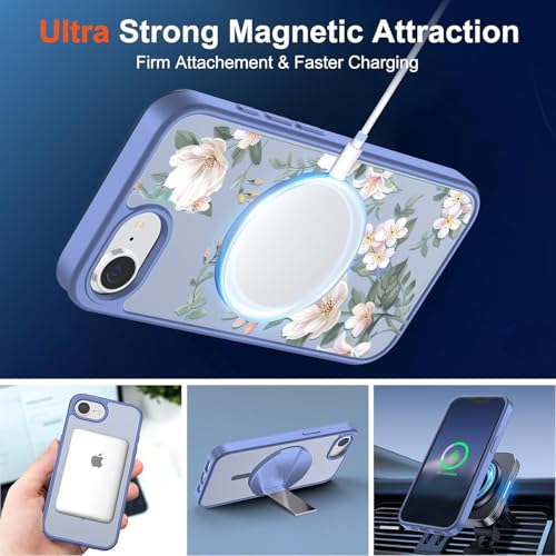Image of VONZEE Compatible with iPhone 17e / iPhone 16e /SE4 Case, Luxury Retro Flowers Floral Clear for Magnetic Wireless Charging Case Shockproof PC+TPU Cute Glossy Shiny Cover for Girls Women, Official Blue