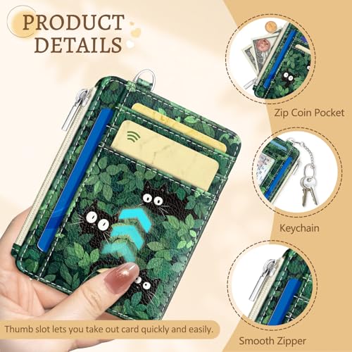 Image of Cute Black Cat Credit Card Holder Small Wallet Women, Green Grass Slim RFID Blocking Wallet Woman Keychain with Zipper Coin Pocket, Front Pocket Thin Travel Card Case with ID Window for Ladies Gifts