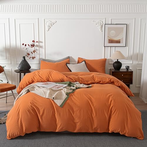 Janlive Washed Cotton Duvet Cover Set Linen Feel Textured Ultra Soft 100% Cotton Solid Color Orange Duvet Cover Set with Zipper Closure -3 Pieces Orange Queen by Janlive - Used condition - US$27.02
