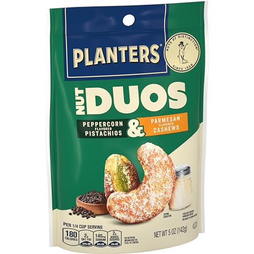 Image of PLANTERS Nut Duos,Flavored Nuts,Peppercorn Pistachios & Parmesan Cashews 5oz,(Pack of 2)