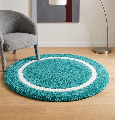 Image of Shaggy Polyester Microfiber Round Rug Carpet for Living Room | Ultra Soft Fluffy Plush Area Rug | Anti-Skid Non-Slip Backing | Washable Carpet for Bedroom- (5x5 feet, Ring Turquoise, Round)