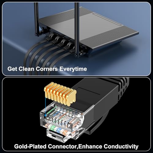 Cat 6 Ethernet Cable 60 ft, Indoor&Outdoor, High Speed 10Gbps Flat Internet Network Cable, Pure Copper Ethernet Patch Cable Long, Computer LAN Cable with Clips & Straps for Router, Modem, PS4/5, Black