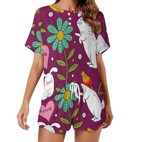 Pyjama femme manches courtes Lapin Fleurs contre la chaleur d'été