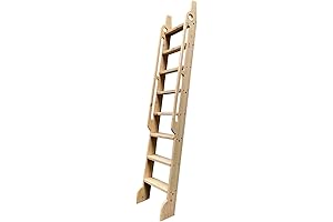 DIYHD 87" Unfinished Rolling Library Wooden Step Ladder with Grab Handle, No Sliding Hardware