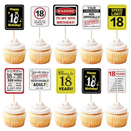 36PCS 18th Birthday Cupcake Toppers Cheers to 18 Years Your Childhood has Officially Expired Speed Limit 18 It's My 18th Birthday Cupcake Picks Birthday Party Anniversary Party Decorations Supplies