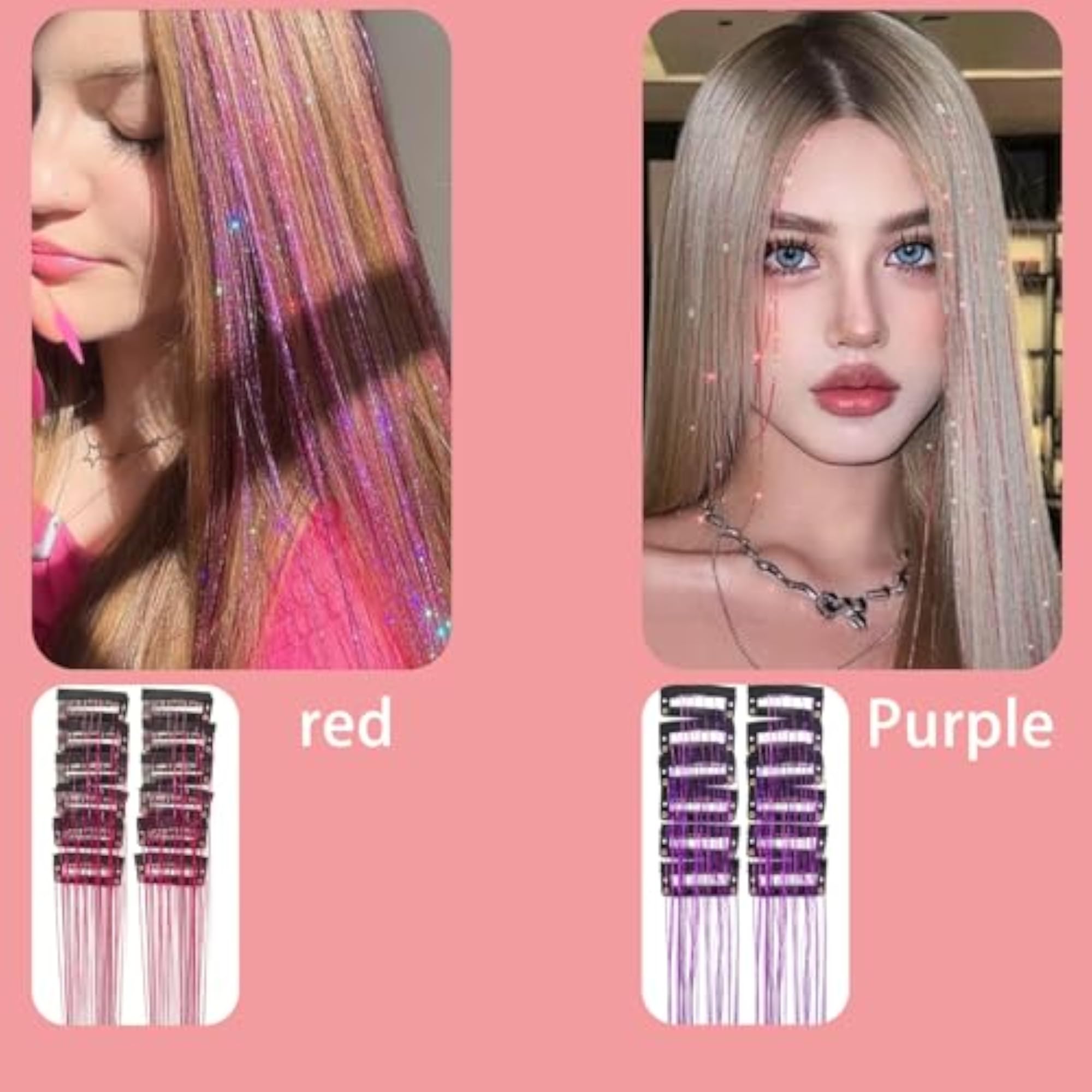 Pink Hair Tinsel Extensions for Women, 24-Piece Set