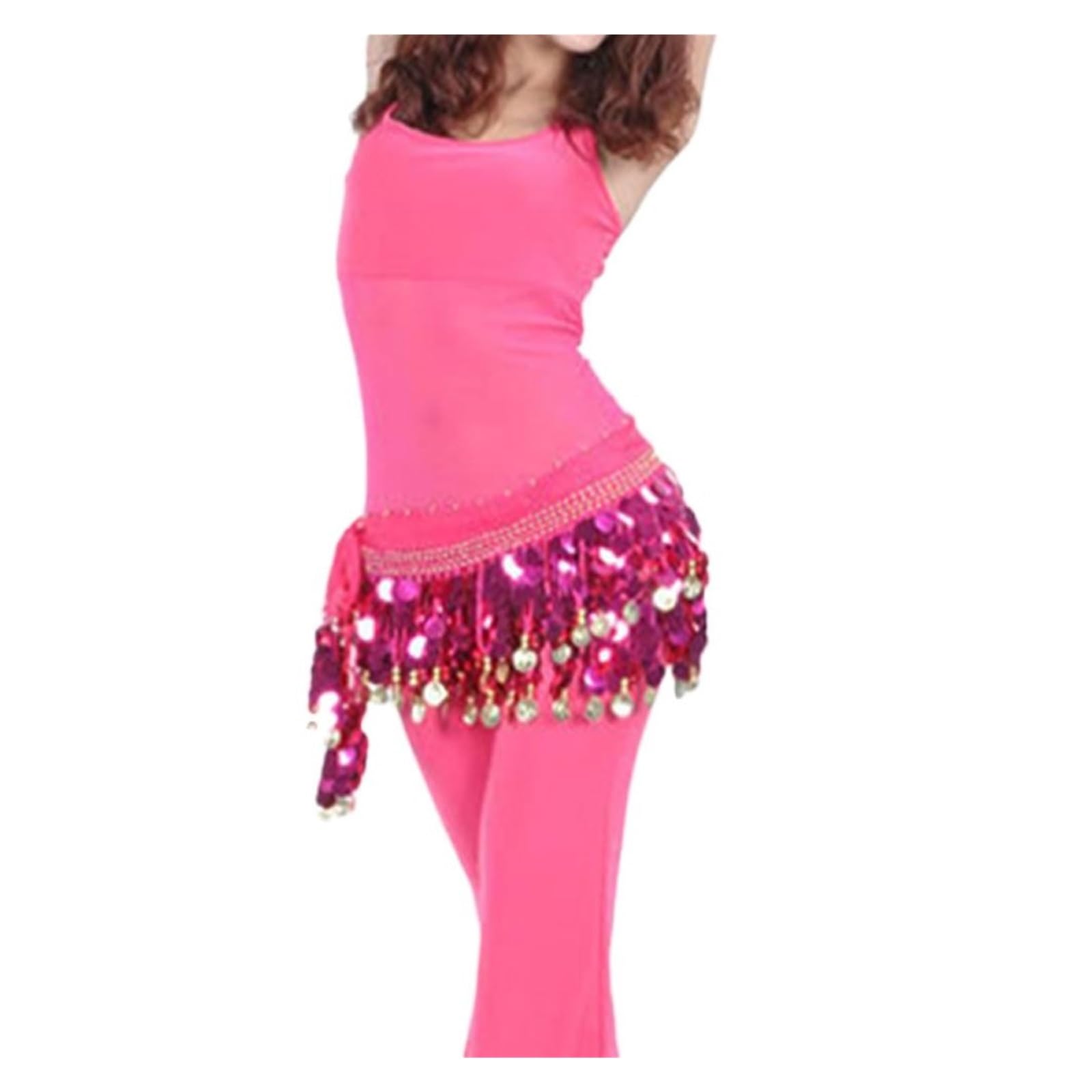 Belly Cintura da danza del ventre con paillettes e pompon per donna, gonna da ballerina, catena in vita, sciarpa per anca