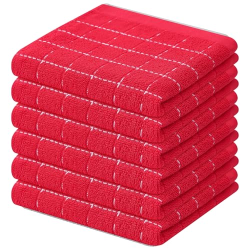 Mordimy Paños de cocina de rizo 100% algodón, suaves y absorbentes, paños de cocina a cuadros, trapos de secado rápido para lavar platos, paquete de 6, 12 x 12 pulgadas, rojo