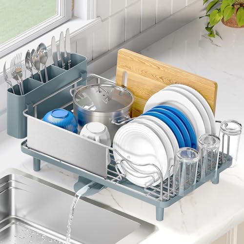 Image of Stainless Steel Dish Drying Rack - Large Capcity 304 Grade Dish Drainer for Kitchen Counter with Drain Board, Utensil Holder & Detachable Cup Shelf, Rustproof Multifunctional Organizer, Pale Blue