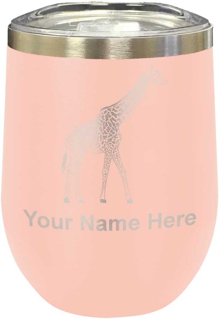LaserGram 16oz Double Wall Stainless Steel Wine Glass Tumbler, Giraffe, Personalized Engraving Included (Black)