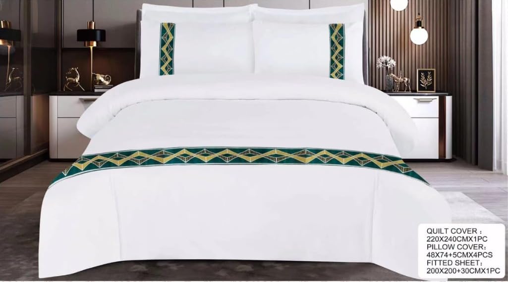 BMI Creations 6-Piece Embroidered King Size Bed Linen Set (Duvet Comforter Cover, Fitted Bedsheet & 4 Pillow Cases) (Gold & Turquoise)
